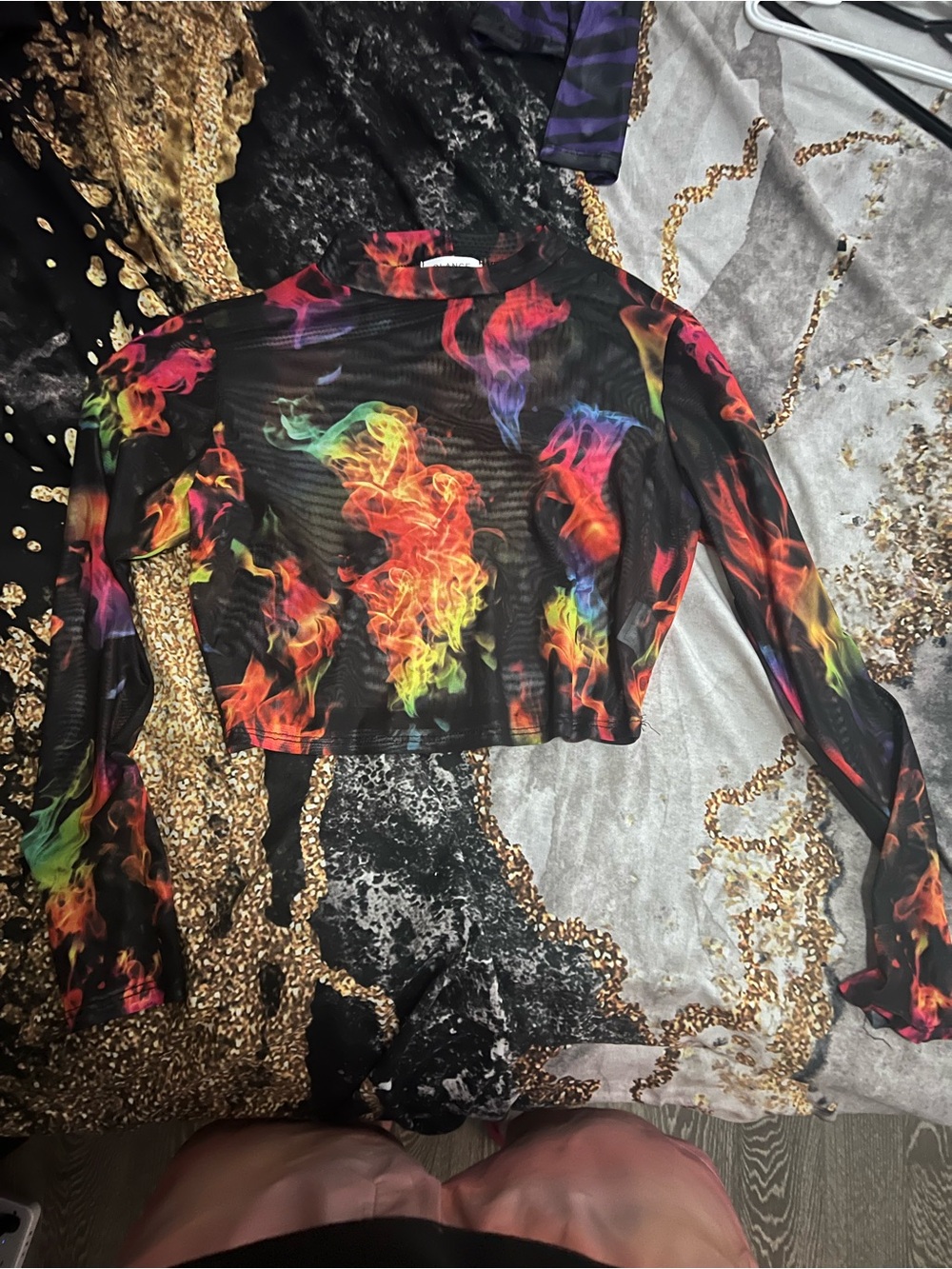 Women's Black Mesh Long-Sleeve Crop Top with Rainbow Flame Print